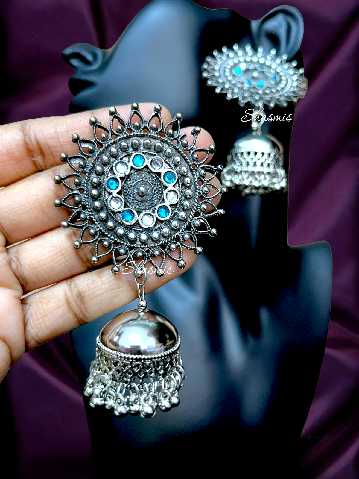 White and Blue Stone Silver Jhumka Earrings - Main Image