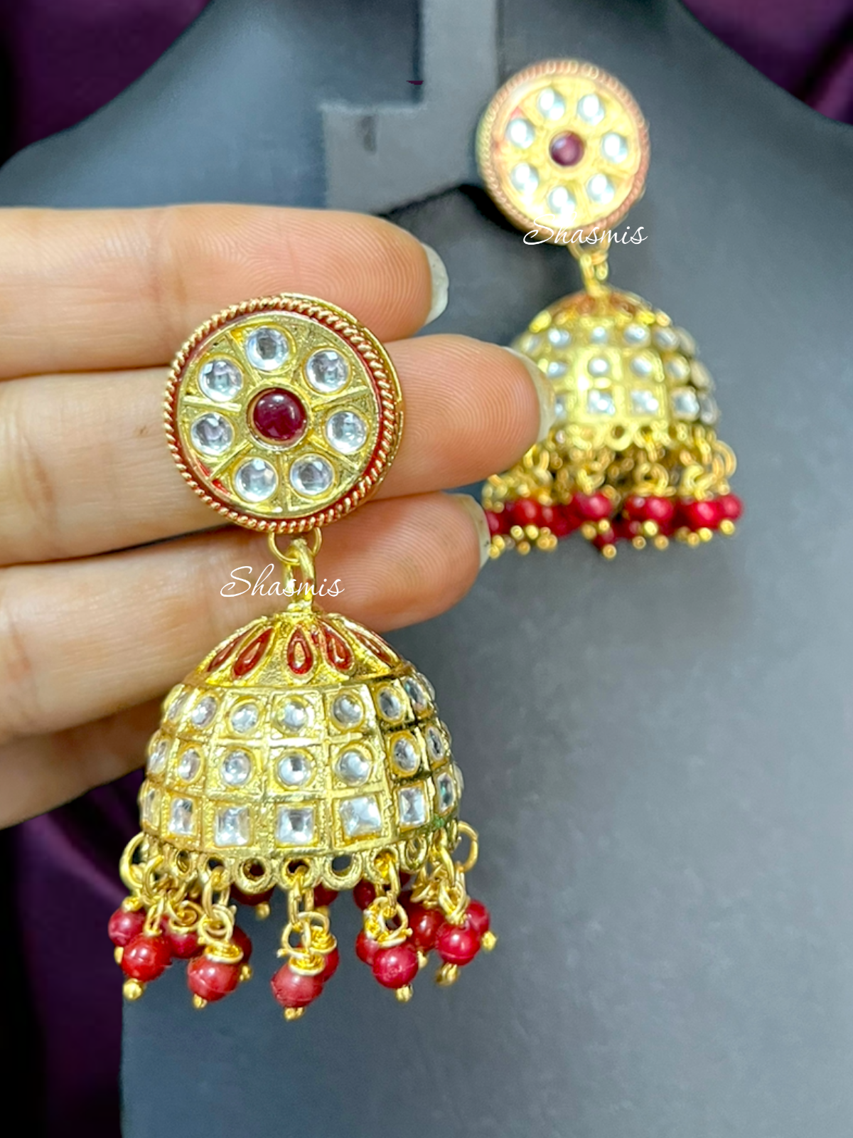 Red Color Beads Kundan Necklace With Earrings