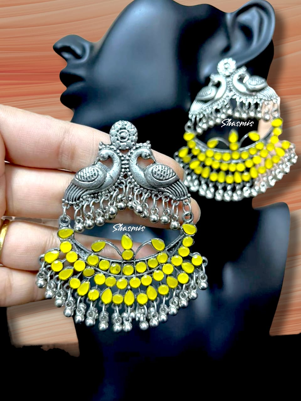 Yellow Stone Silver Oxidised Long Peacock Huge Earrings