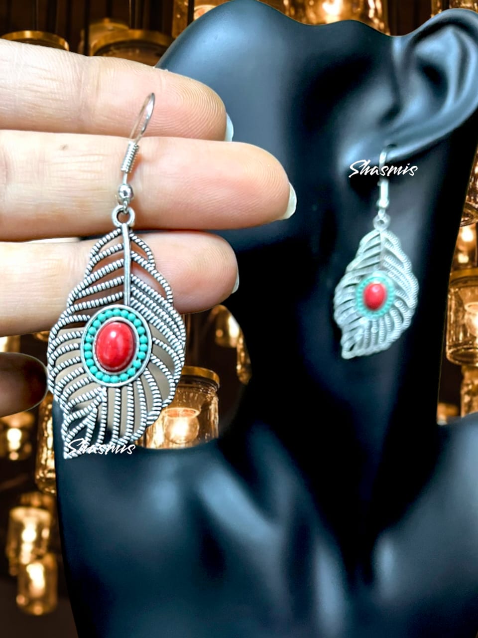 Peacock Feather Design With Red Stone Silver Oxidised Earrings