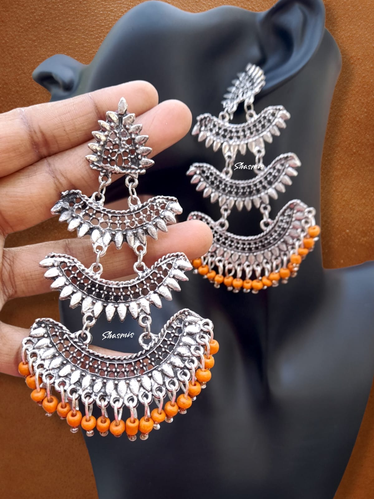 Orange Color Small Beads On Drop Layer Silver Earrings