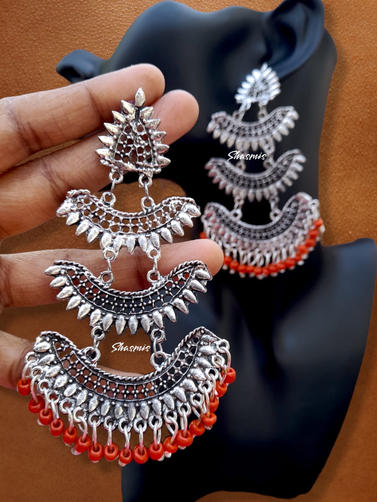 Red Color Beads Long Layer Silver Oxidised Earrings