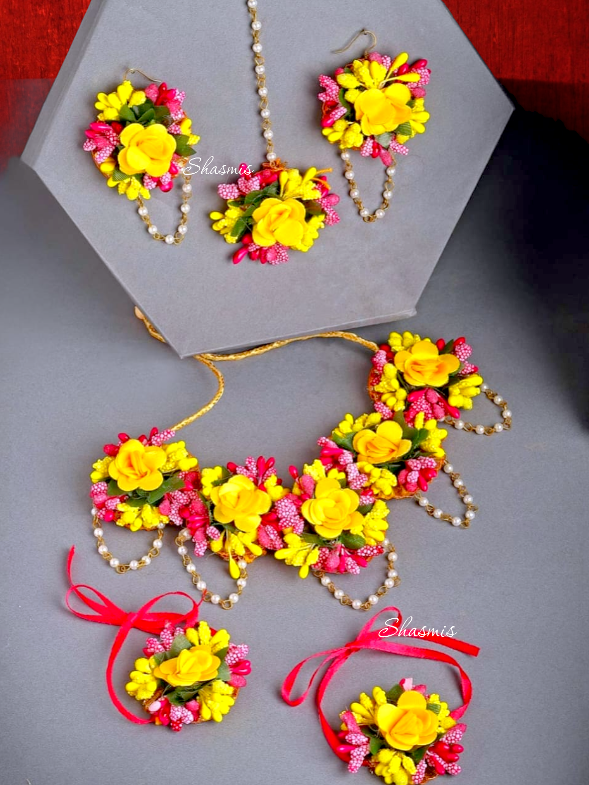Red and Yellow Color Flower Haldi Jewellery Set