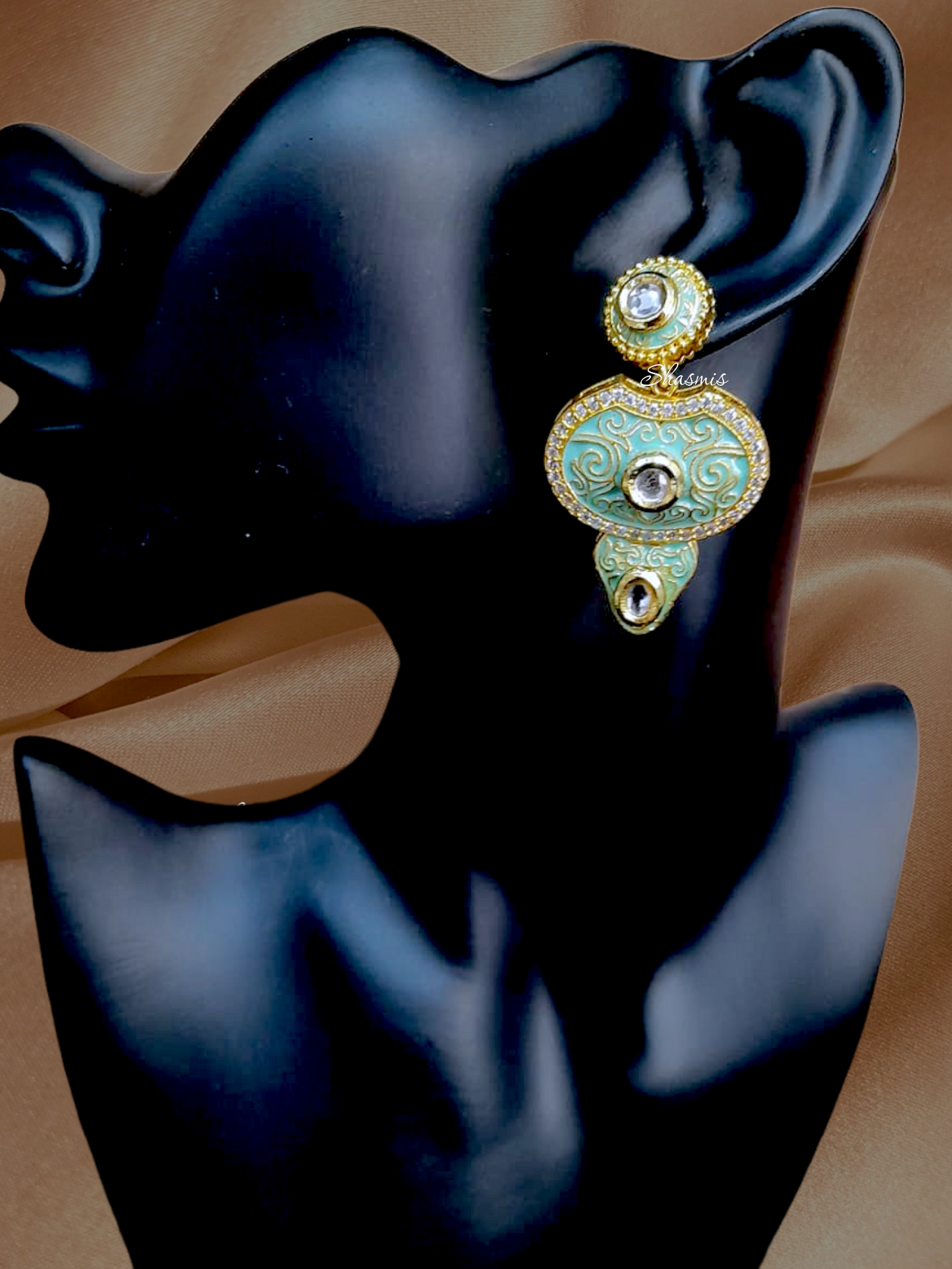 Long Green Color Pearl Necklace With Earrings