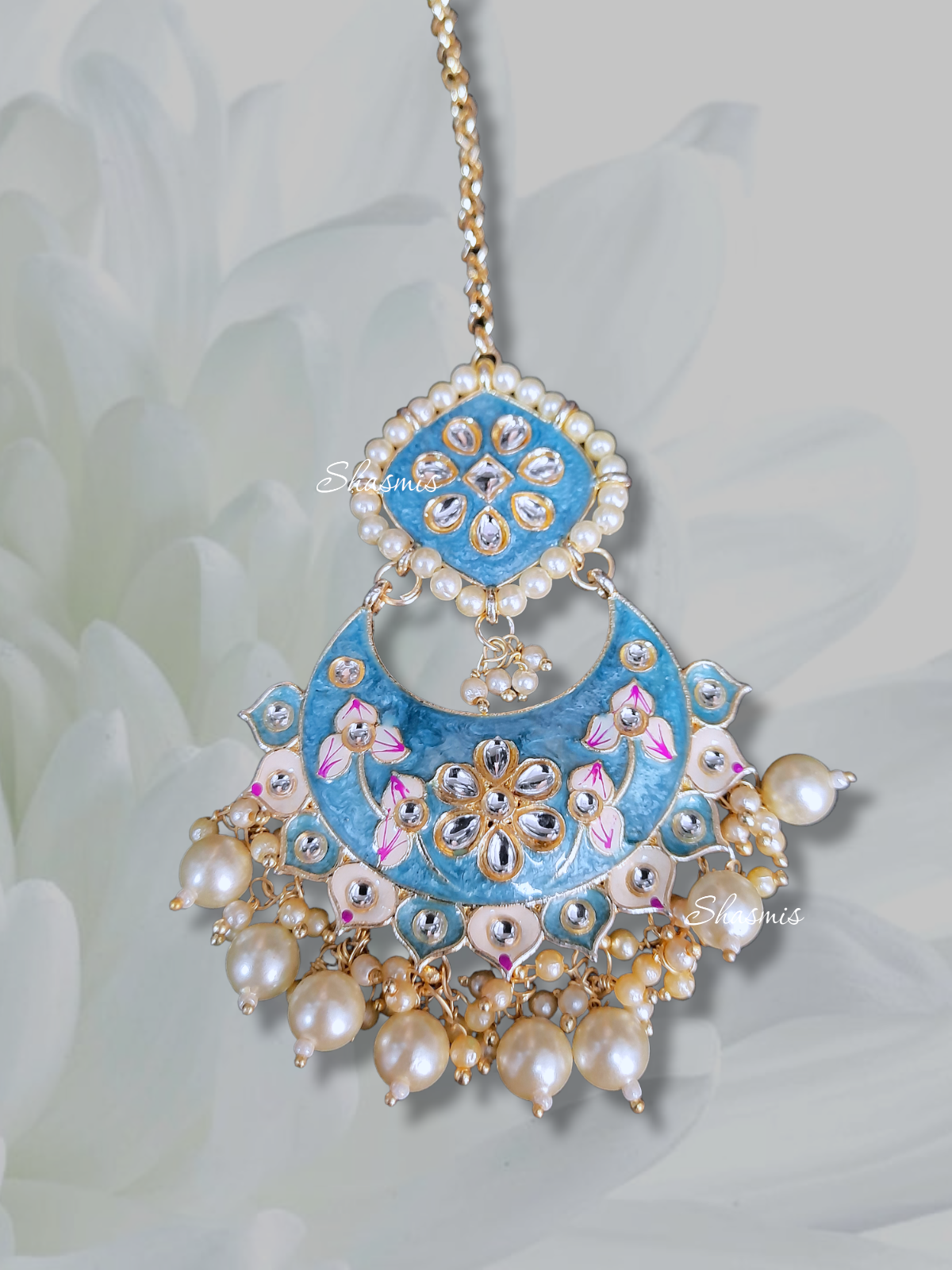 Sky Blue Color Long Kundan Pearl Necklace, With Earring And Mangtika