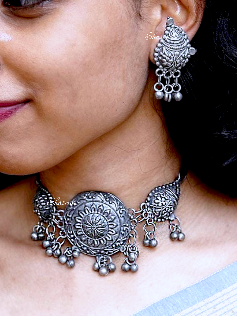 German Silver Oxidised Choker With Earrings