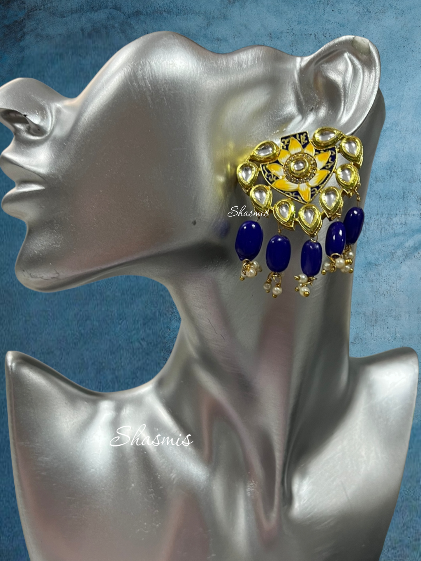 Blue Color Kundan Necklace Broad Pendant With Earrings