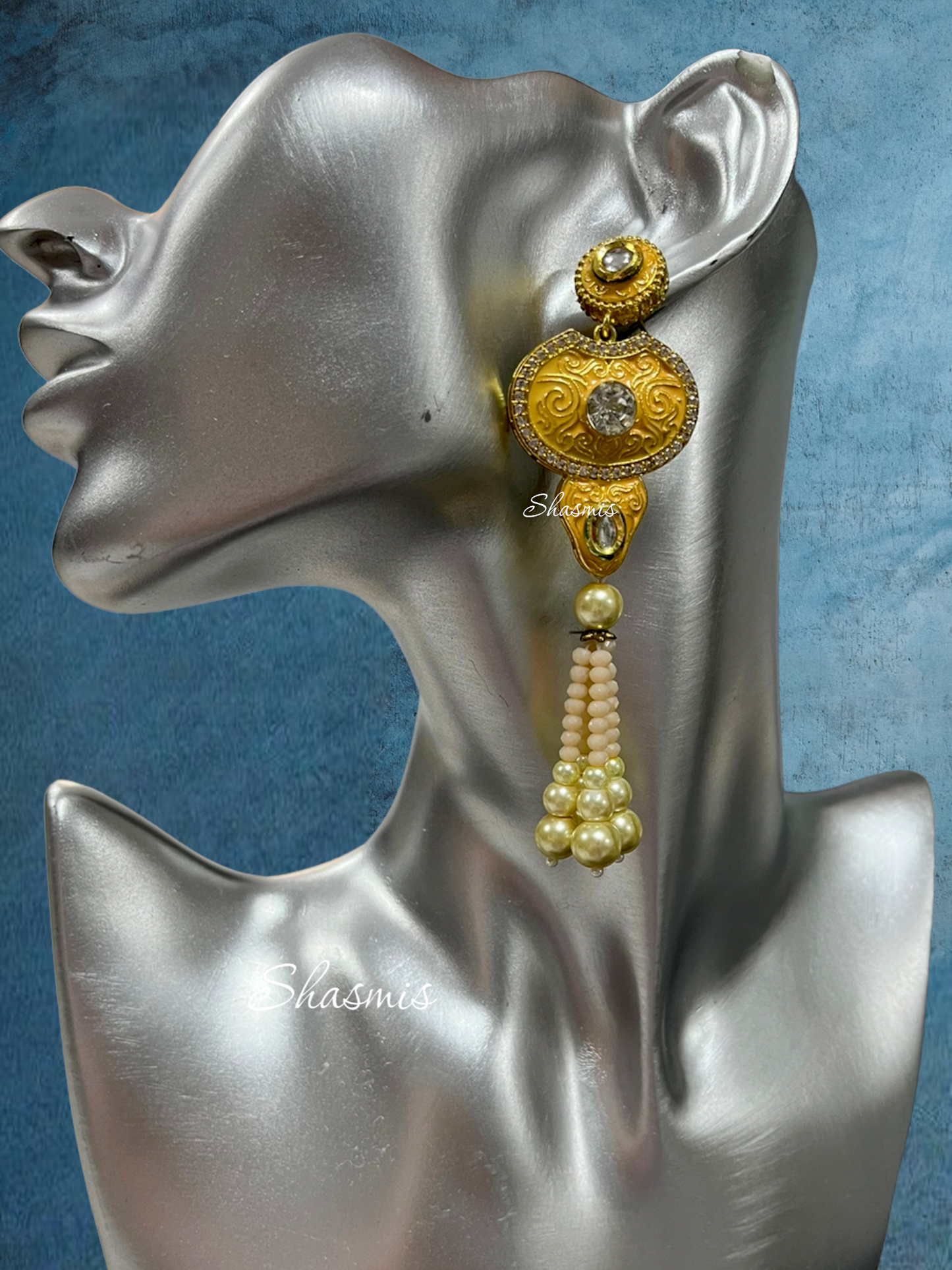 Long Orange Color Kundan Stone With Pearls Necklace and Earrings
