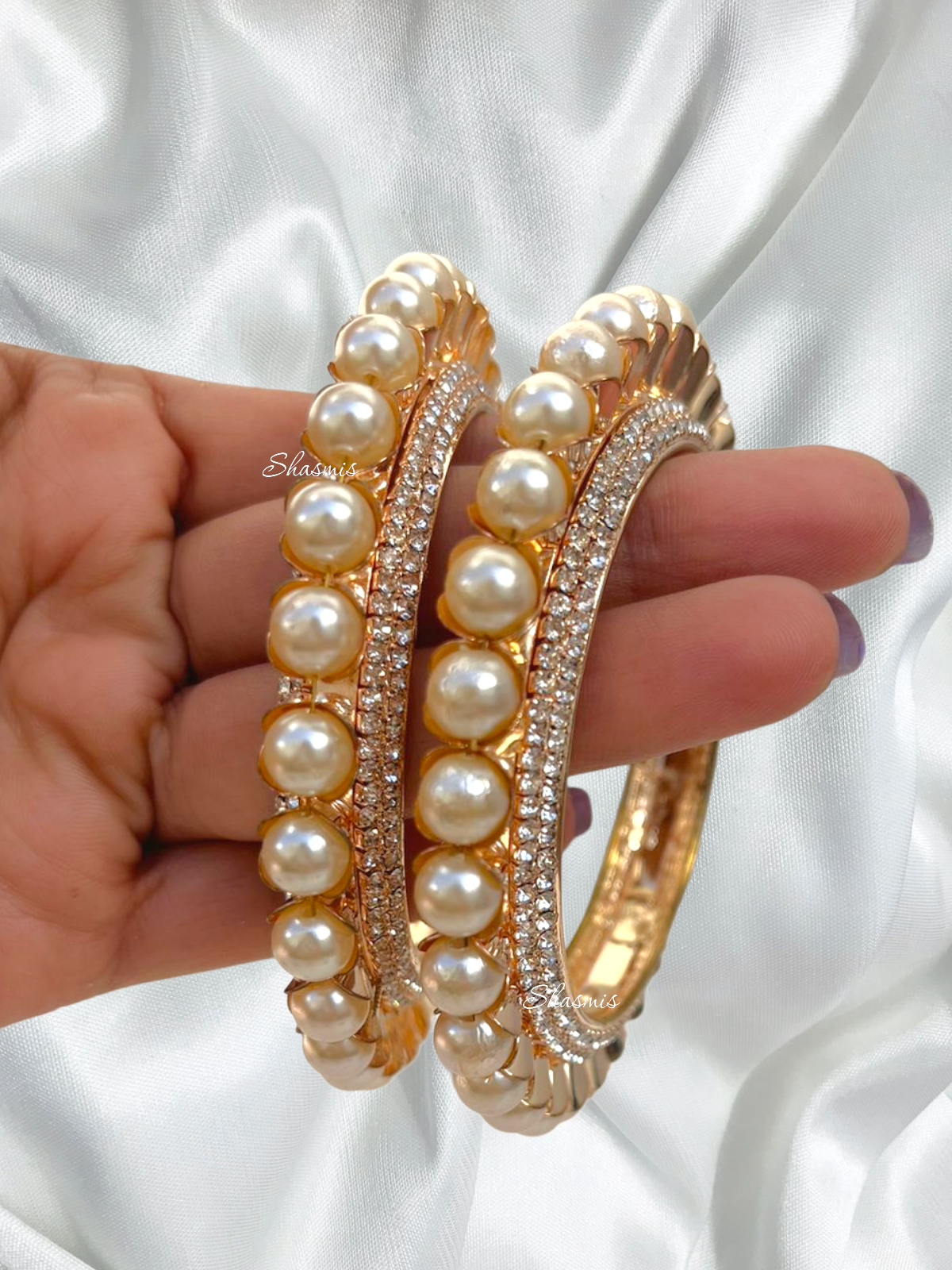 Pearl With Rhine Stone Golden Polish Bangle, Pair
