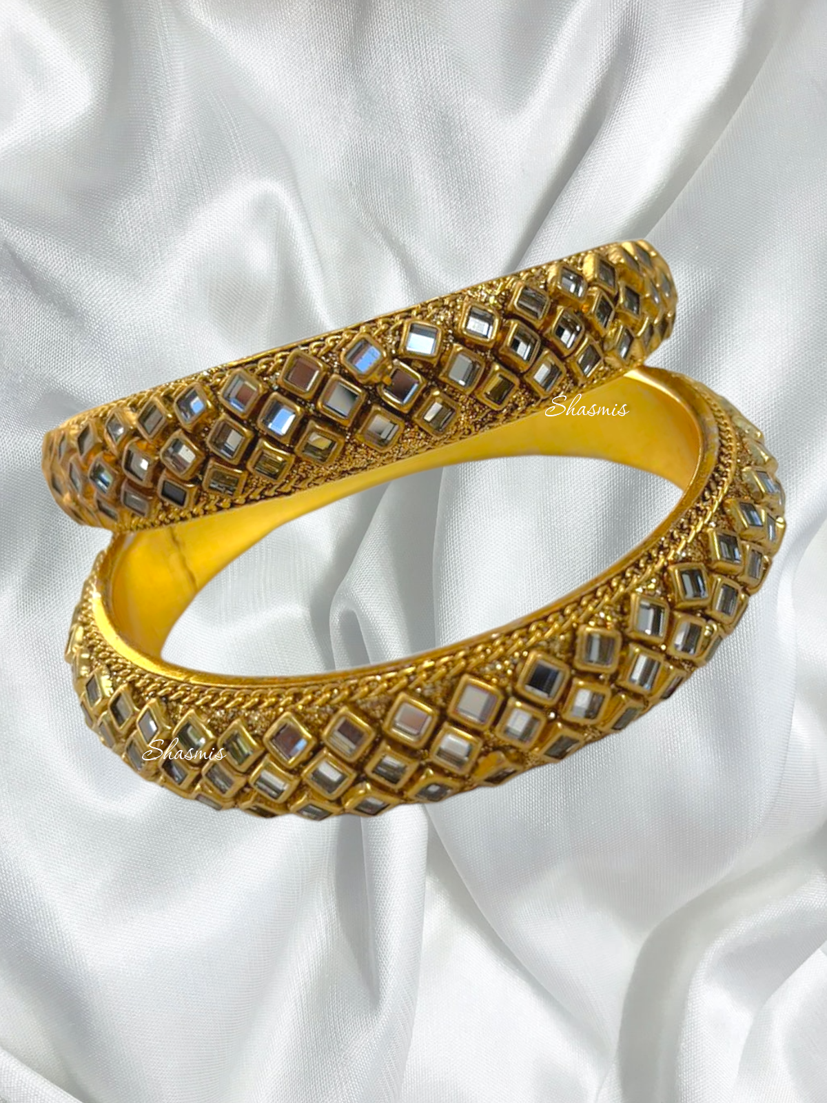 Gold Polish White Stone Kundan Bangles Pair