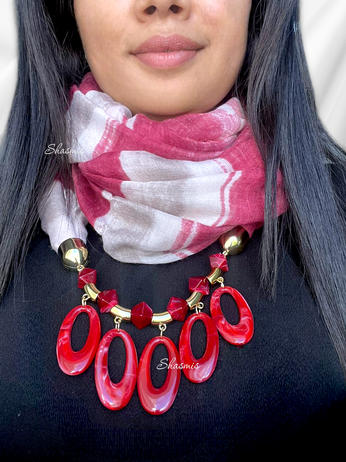 Red Color Scarf With Attached Necklace