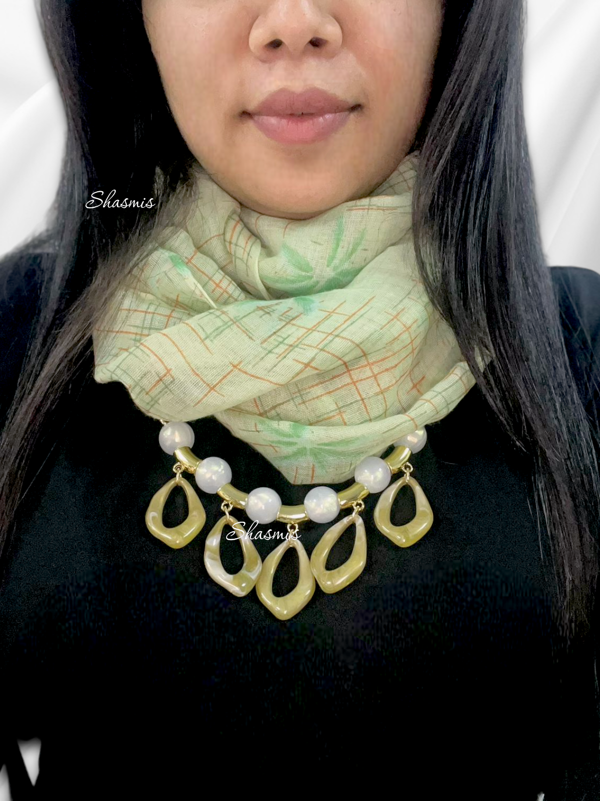 Pista Green Color Neck Scarf With Attached Necklace
