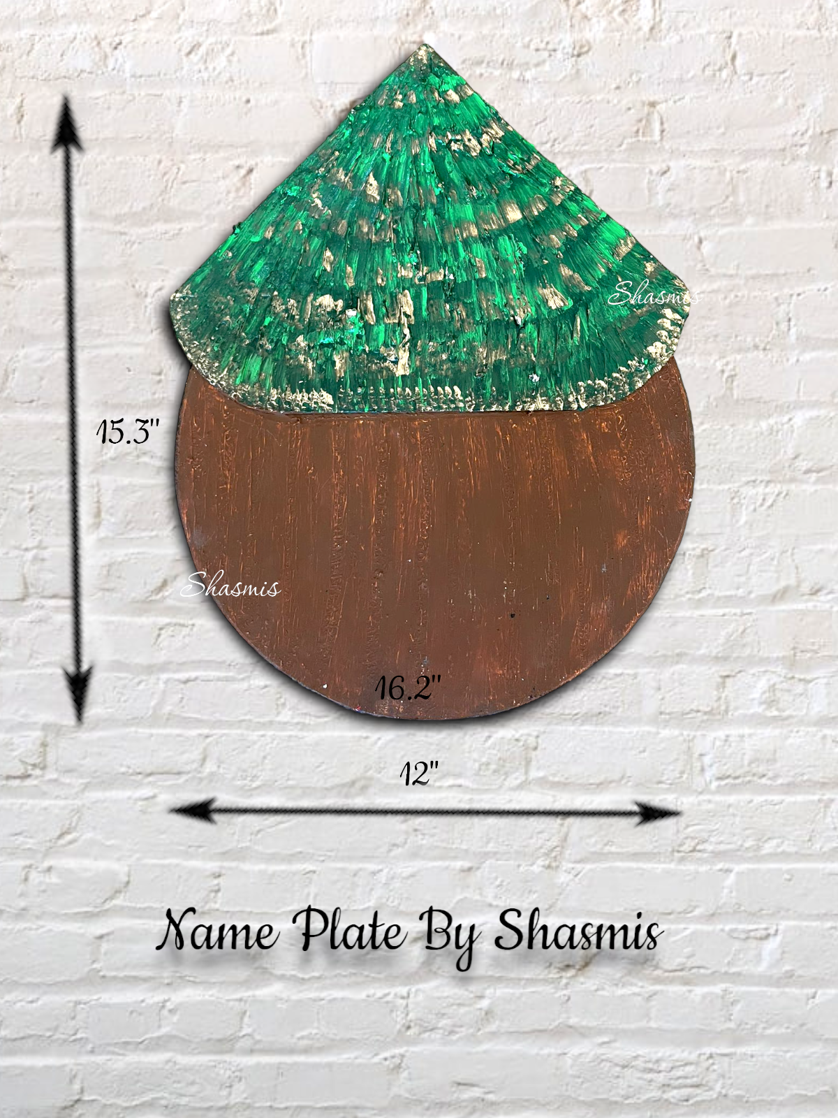 Green And Brown Hut Design Wooden Nameplate