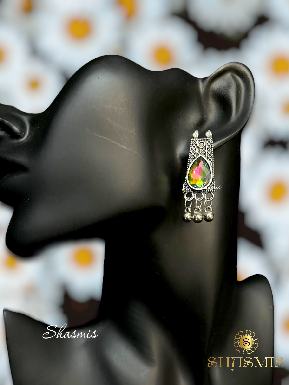 Multi Color Stone German Silver Neck Choker With Ghungroo On Drop with Earrings