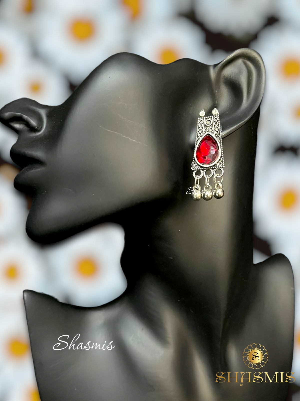 Red Stone Silver Oxidised Choker with Earrings
