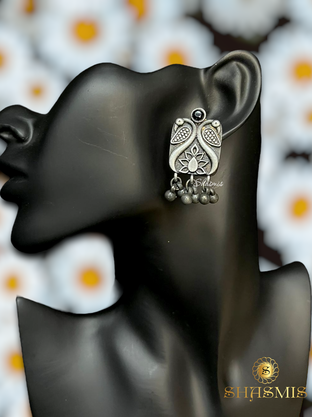 Black Stone German Silver Design Choker With Earrings