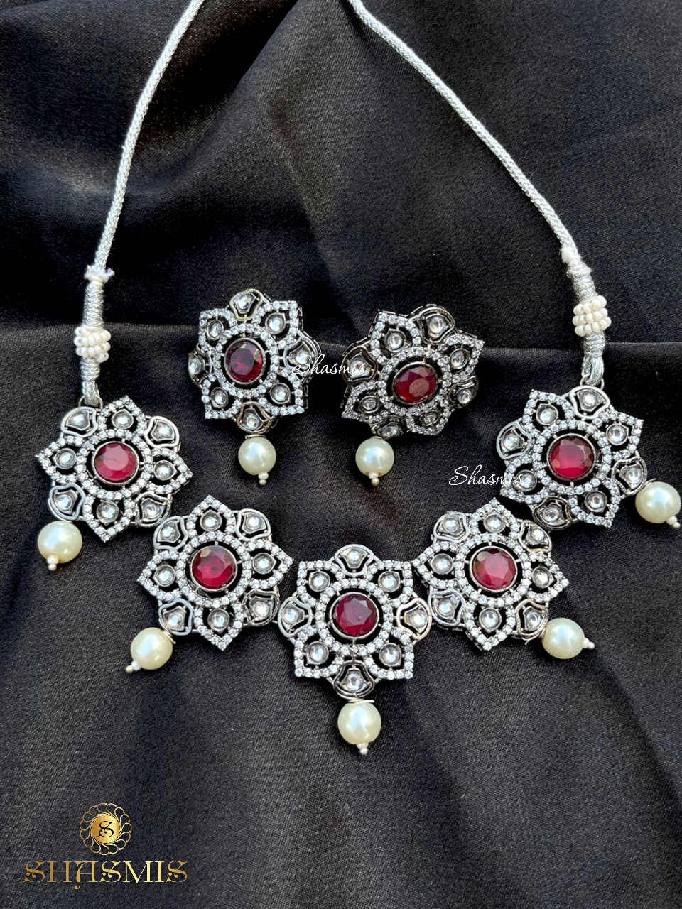 Red Stone Diamond Necklace With Earrings