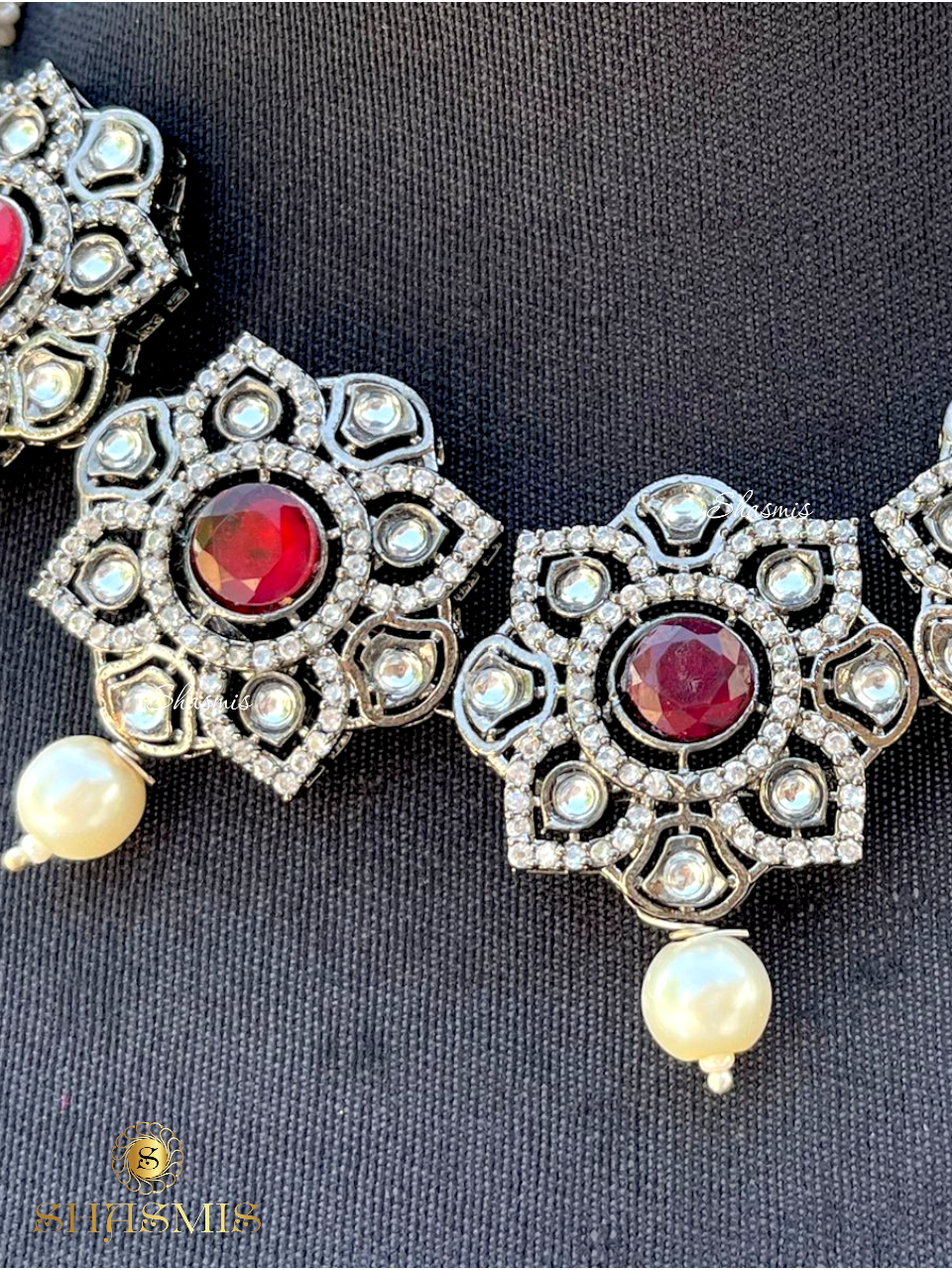 Red Stone Diamond Necklace With Earrings
