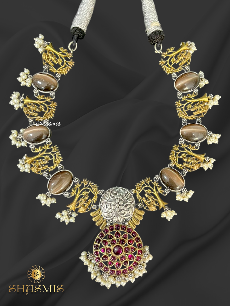 Brown Stone With Gold and Silver Polish Necklace and Earrings