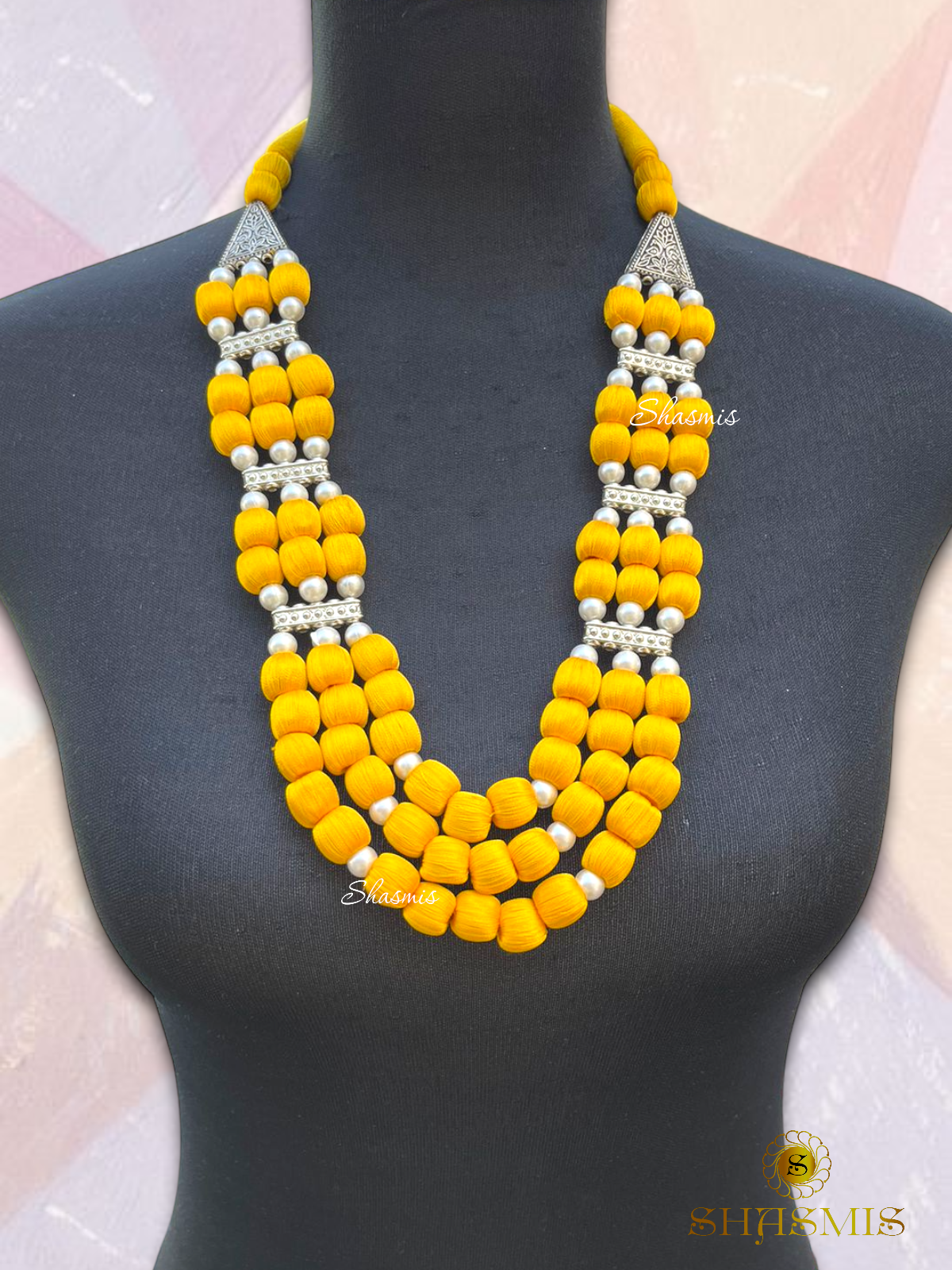 Yellow Color Beads Long Layer Pearl Necklace With Earrings