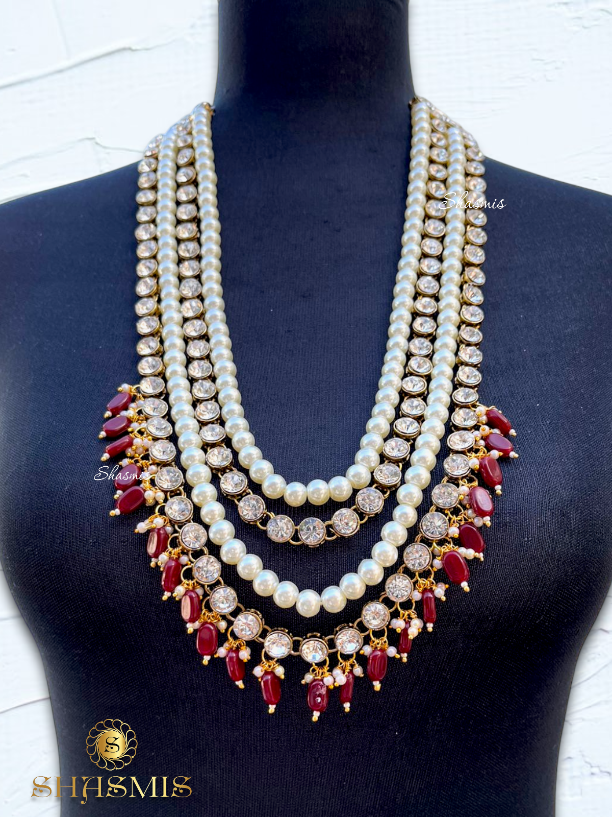 Maroon Color Long Layer Glass Kundan Necklace