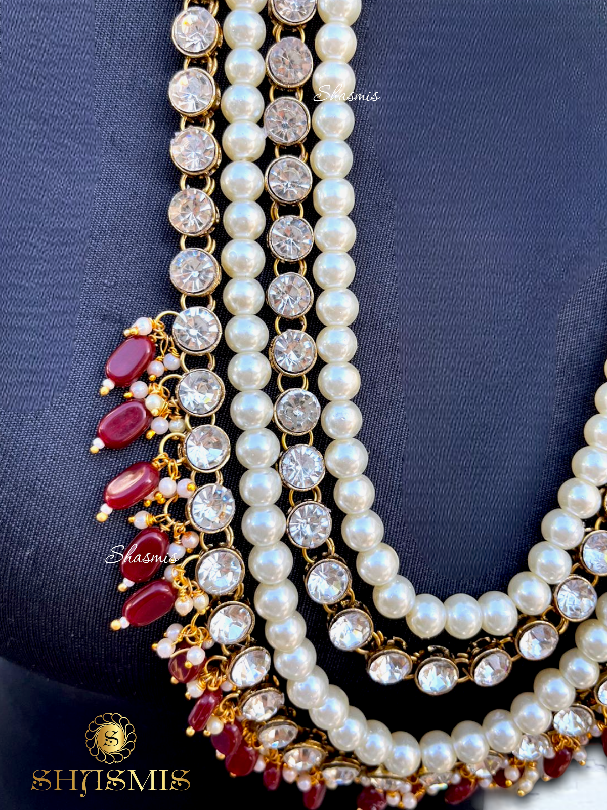 Maroon Color Long Layer Glass Kundan Necklace