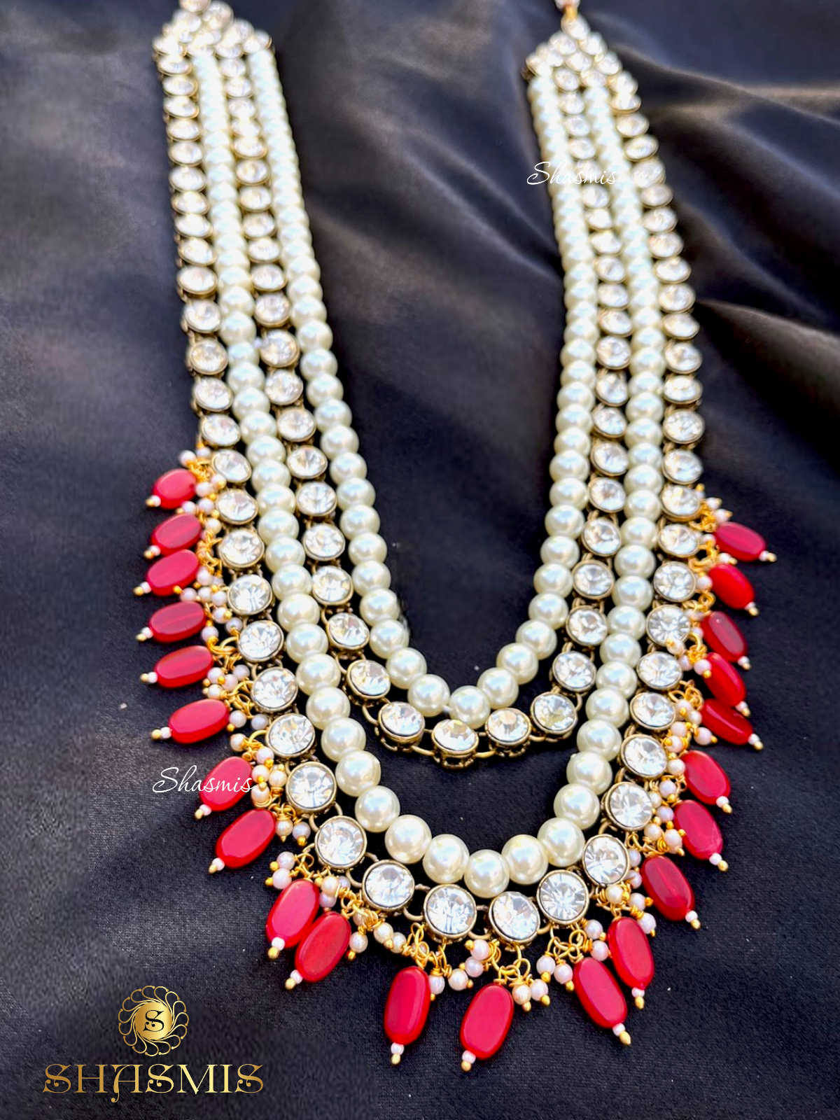 Red Color Beads Long Layer Glass Kundan Necklace