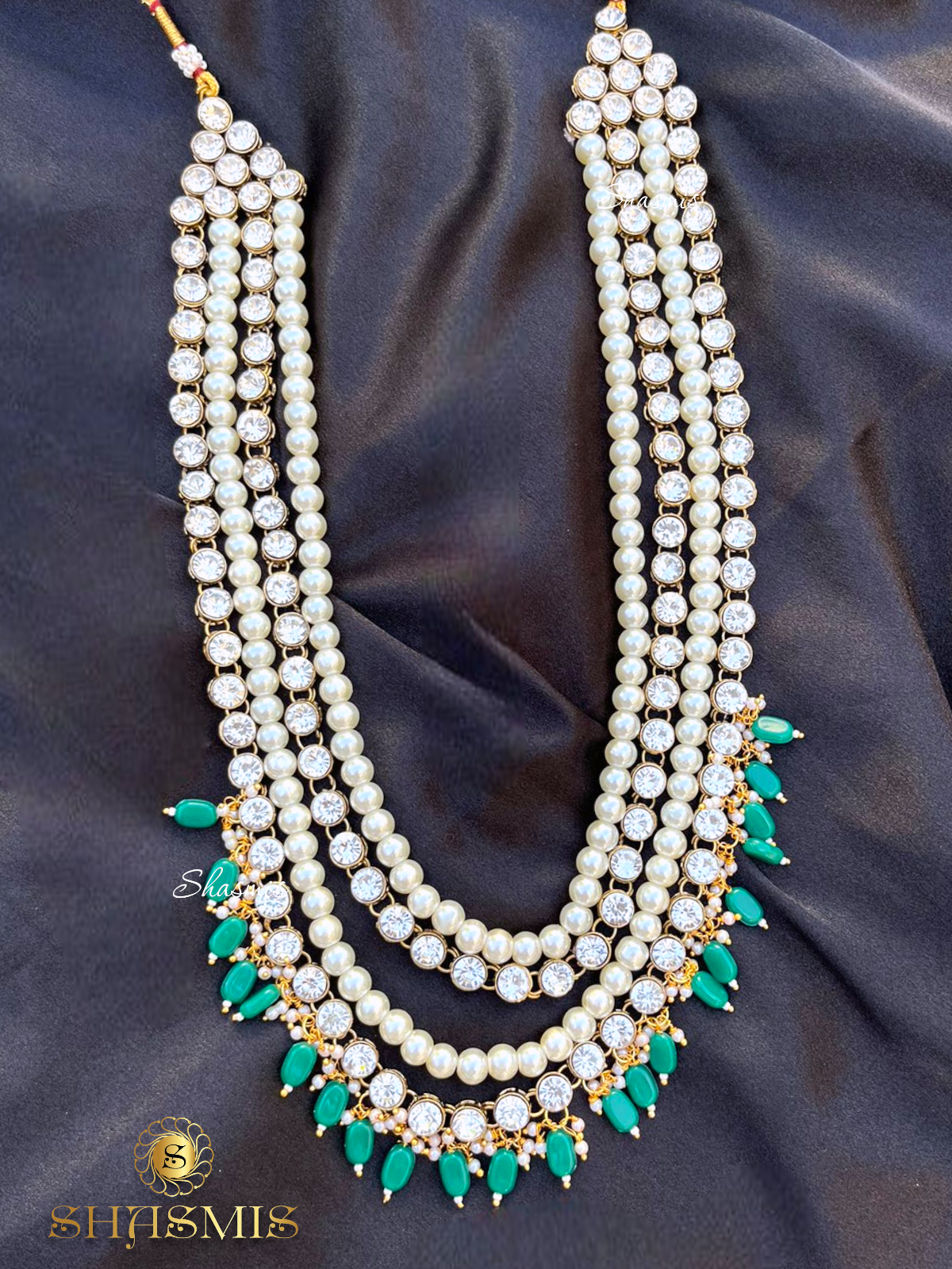 Green Color Beads Glass Kundan Layer Necklace With Earrings