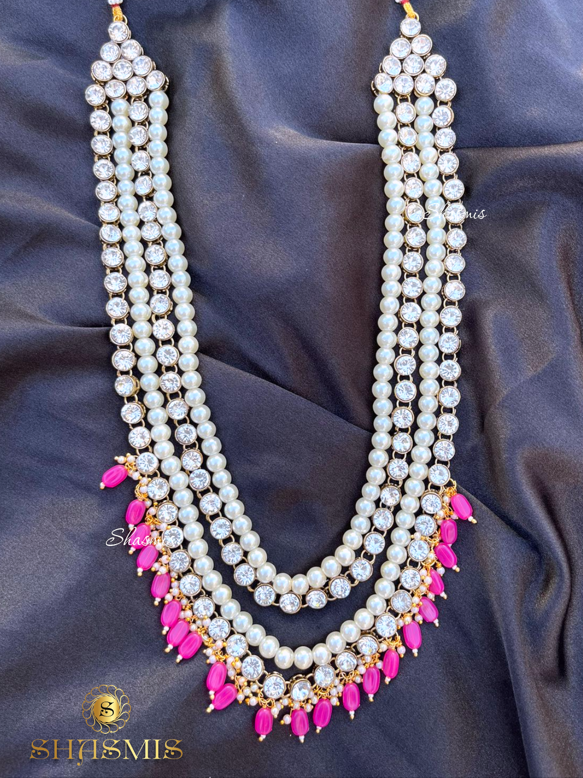 Pink Beads Long Double Glass Kundan Necklace