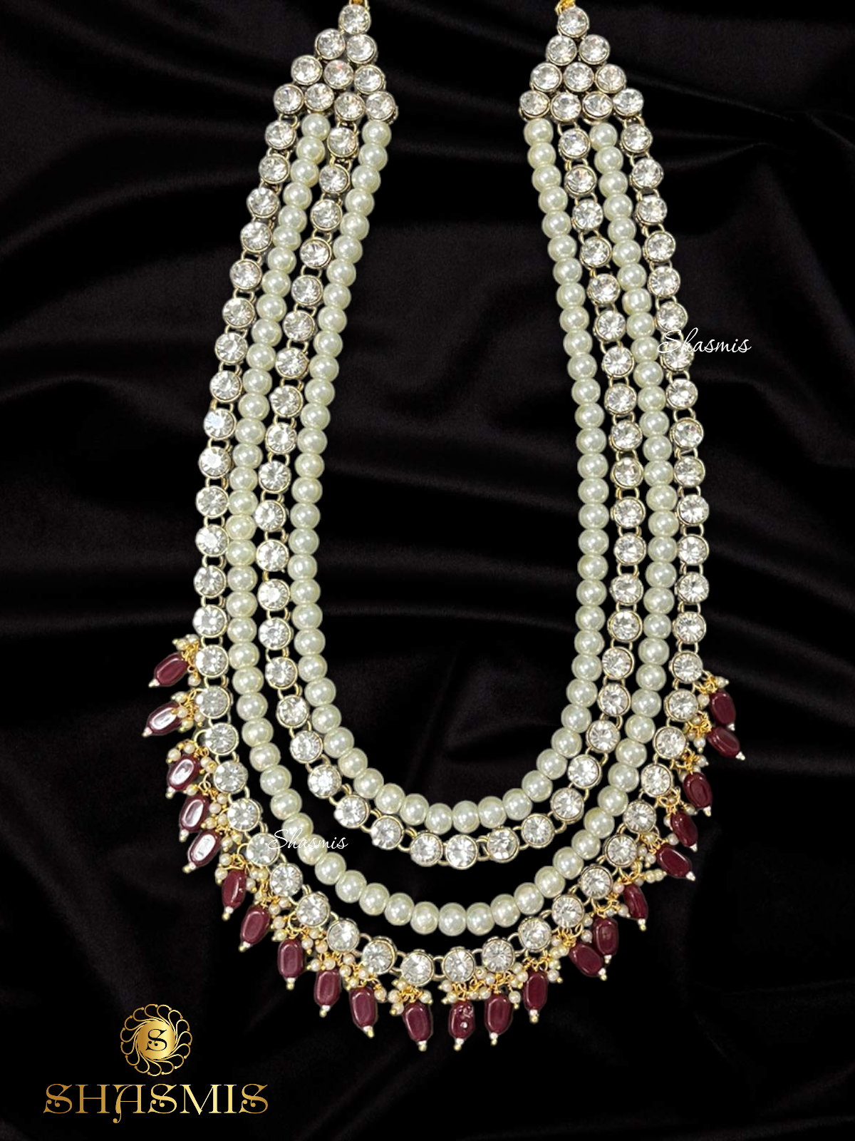 Maroon Color Long Layer Glass Kundan Necklace