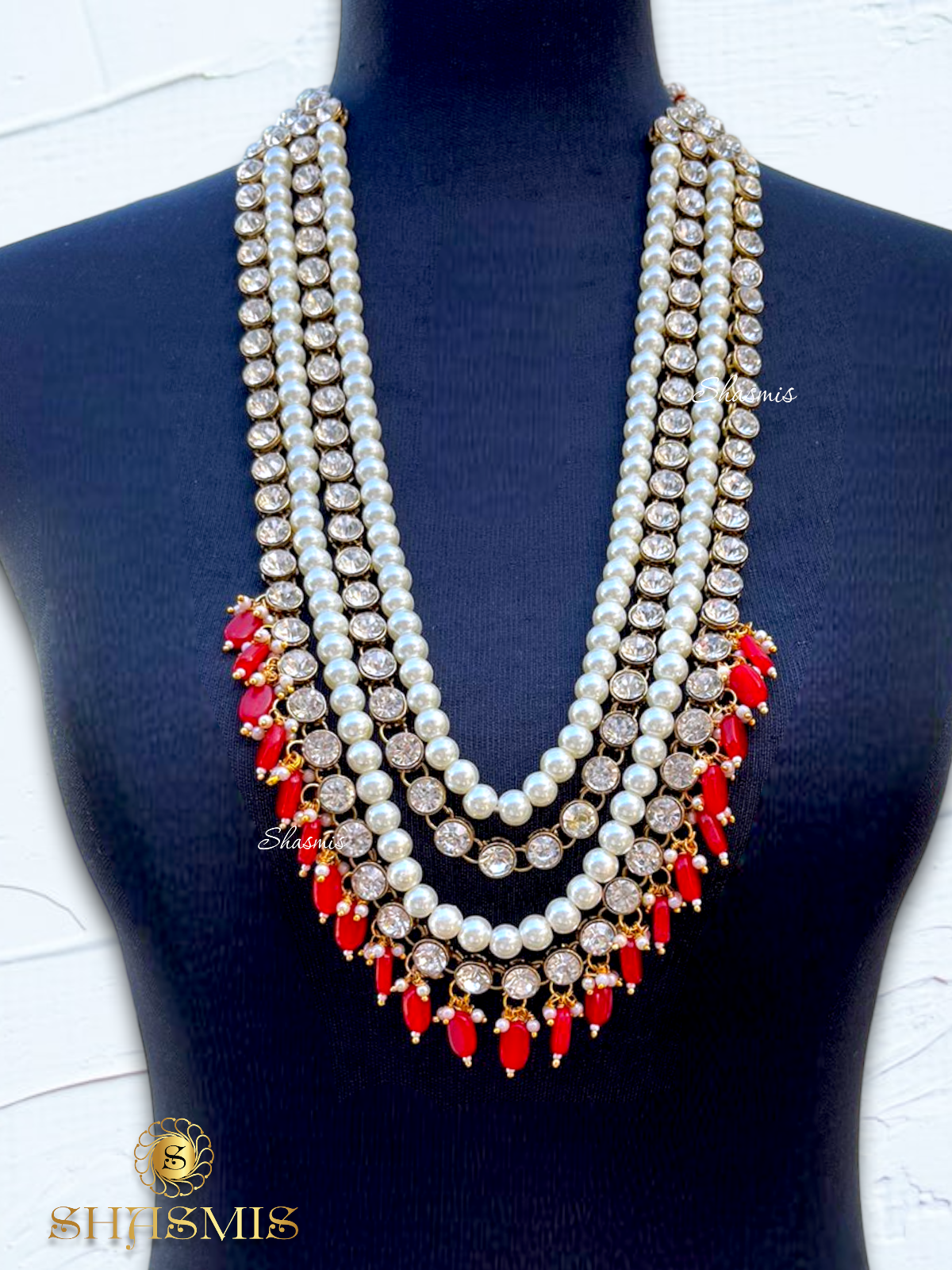 Red Color Beads Long Layer Glass Kundan Necklace