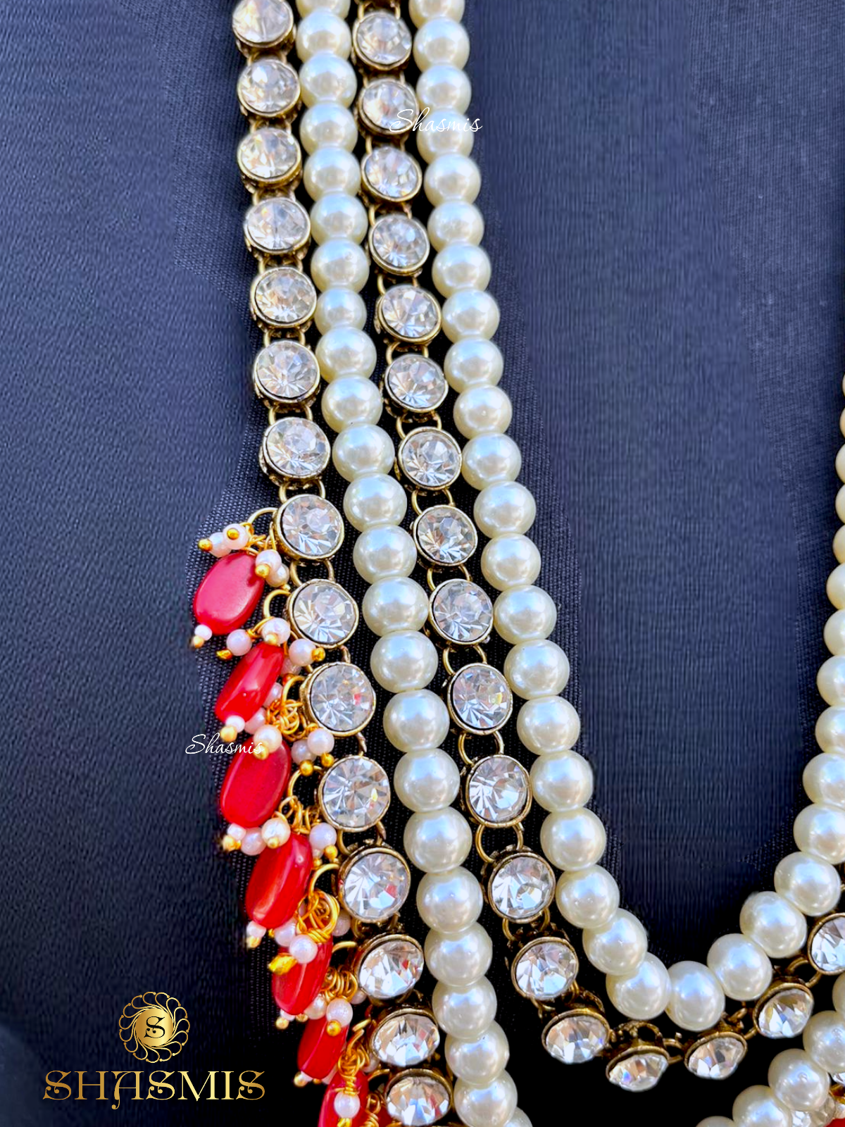 Red Color Beads Long Layer Glass Kundan Necklace