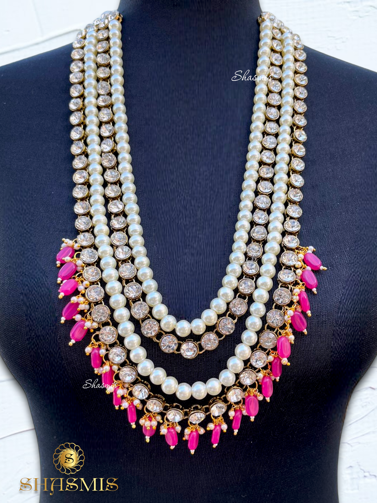 Pink Beads Glass Kundan Long Layer Necklace With Earrings