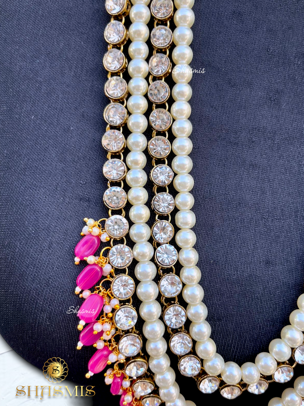 Pink Beads Glass Kundan Long Layer Necklace With Earrings