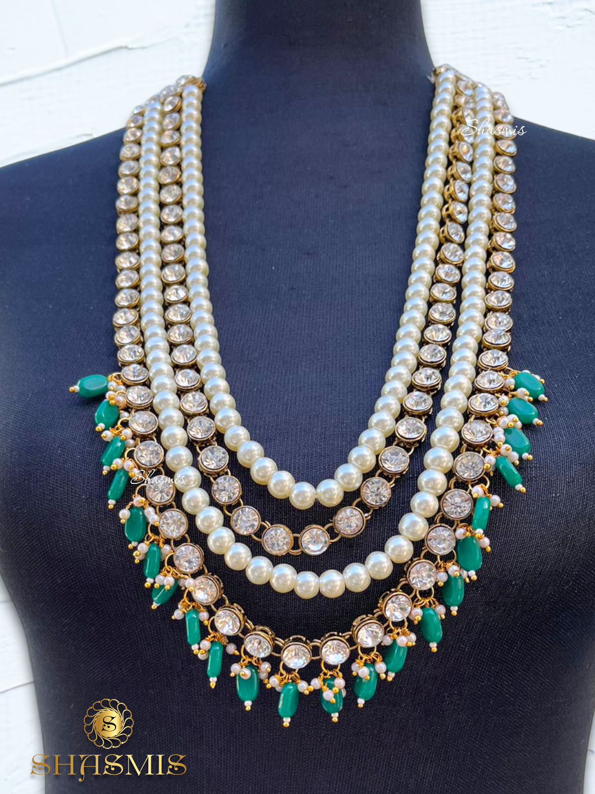 Green Color Beads Glass Kundan Layer Necklace With Earrings