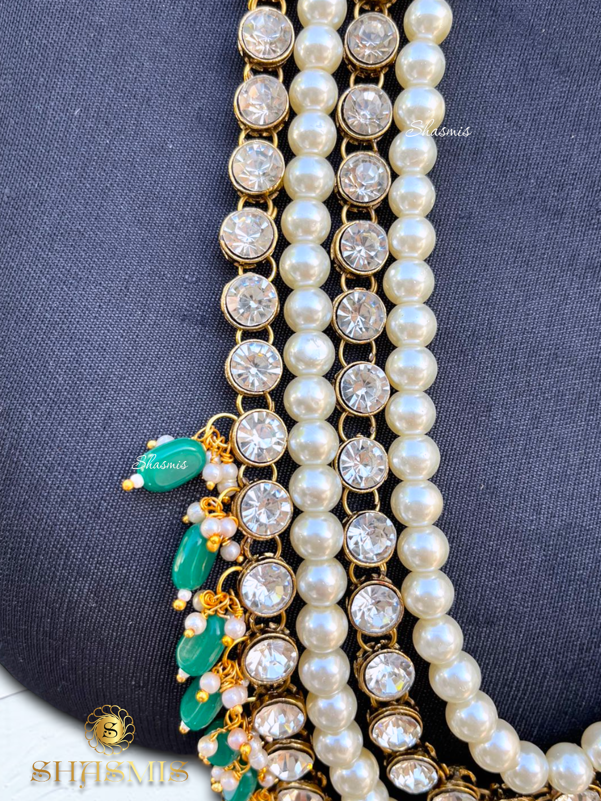 Green Color Beads Glass Kundan Layer Necklace With Earrings
