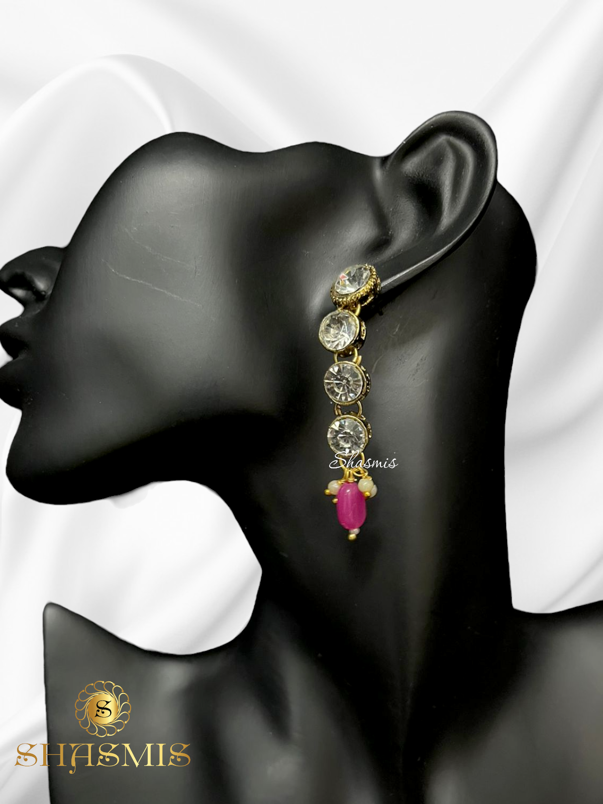 Pink Beads Glass Kundan Long Layer Necklace With Earrings