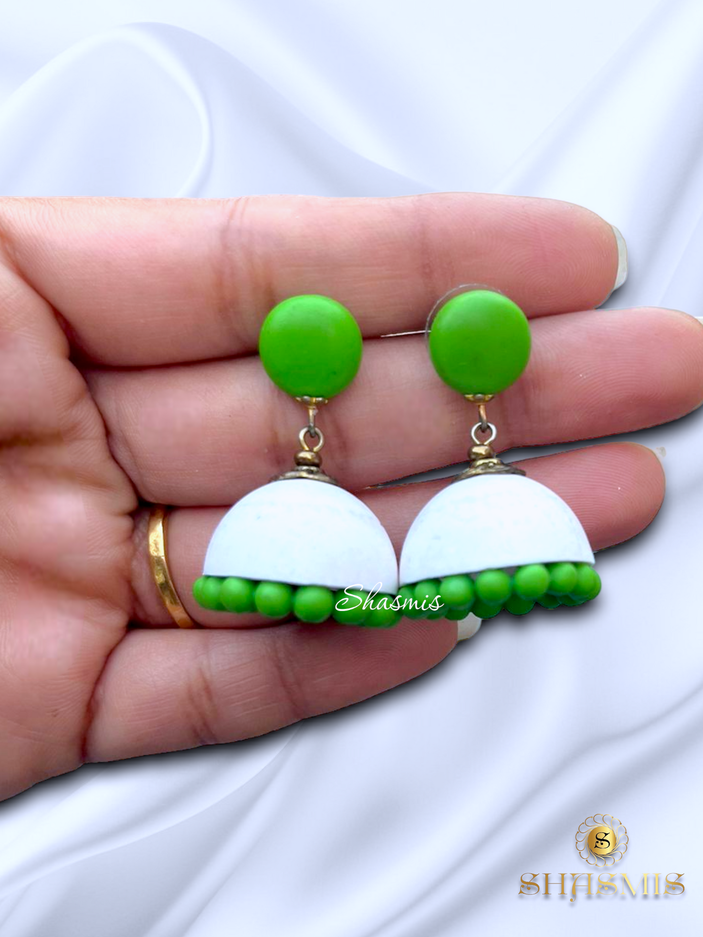 Green and White Color Polymer clay Earrings