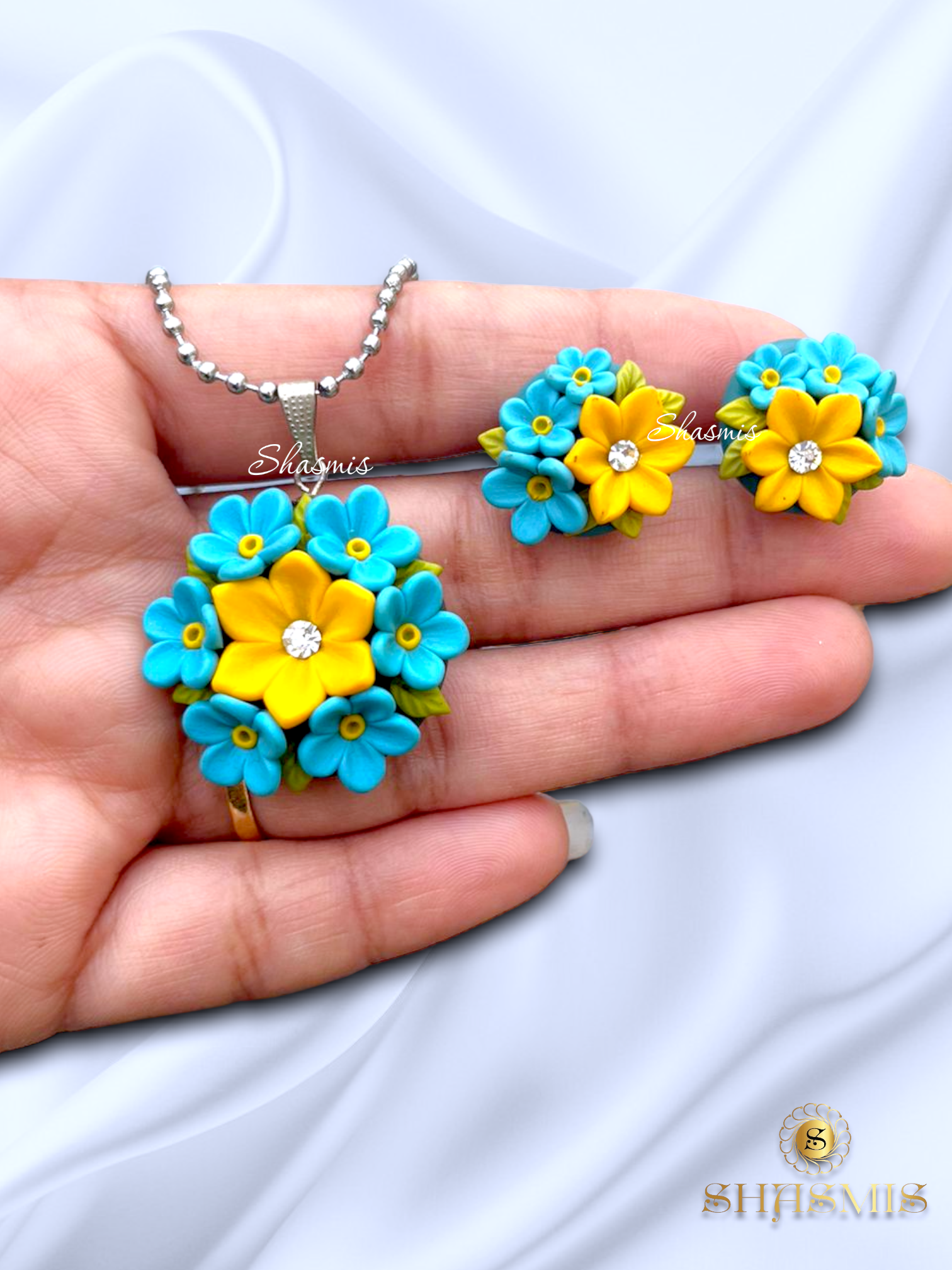 Flower Design Hand Made Polymer Clay Necklace and Earrings