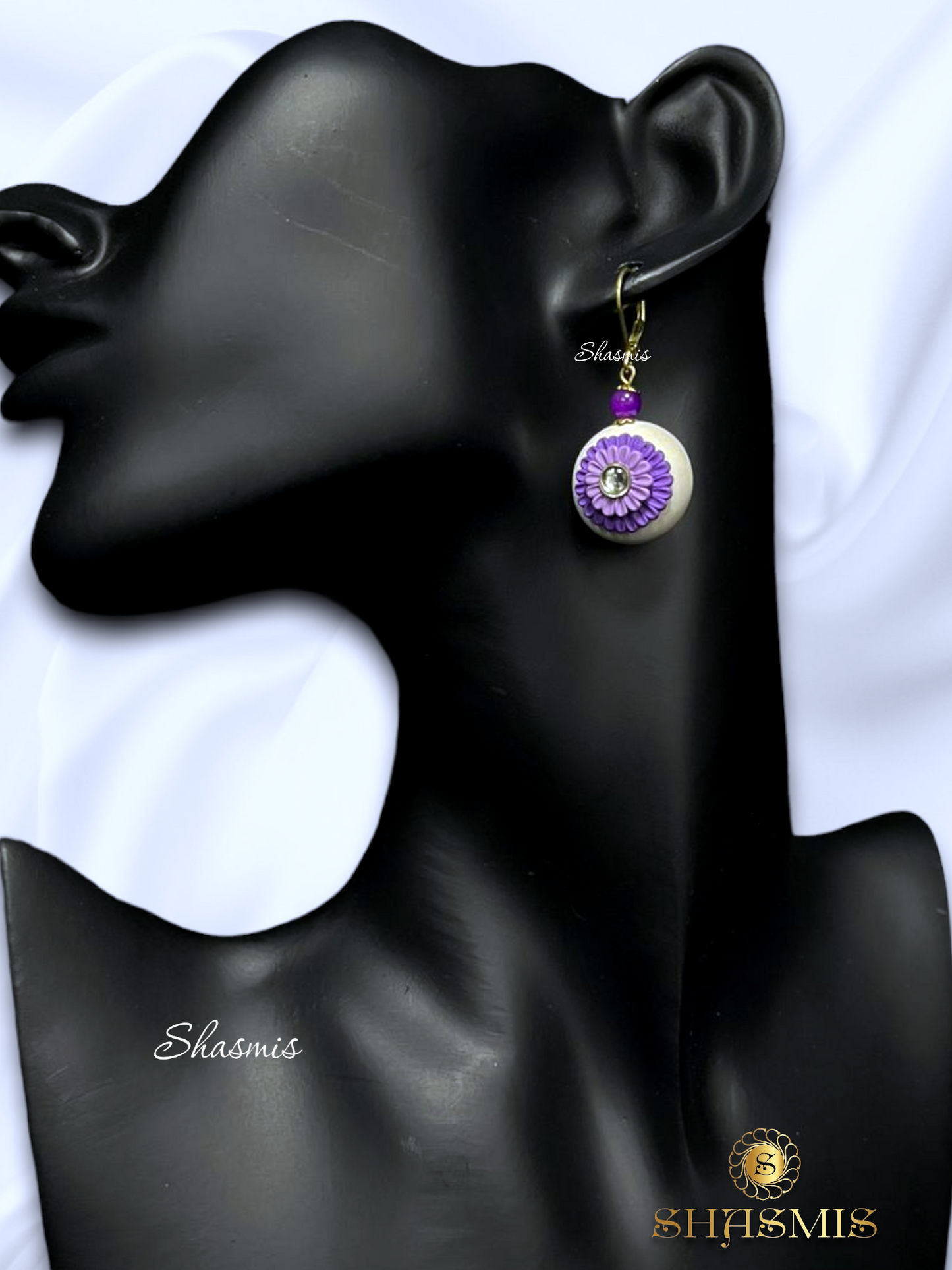 Purple Color Flower Design Polymer Clay Earrings
