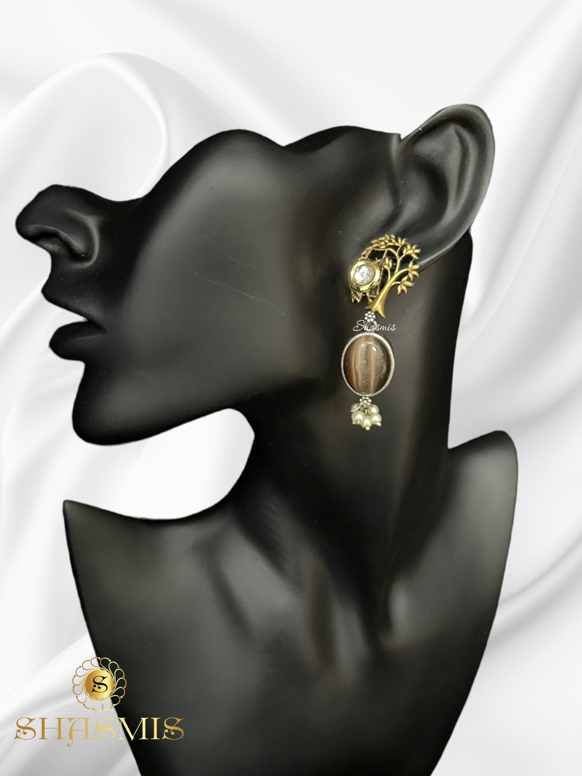 Brown Stone With Gold and Silver Polish Necklace and Earrings