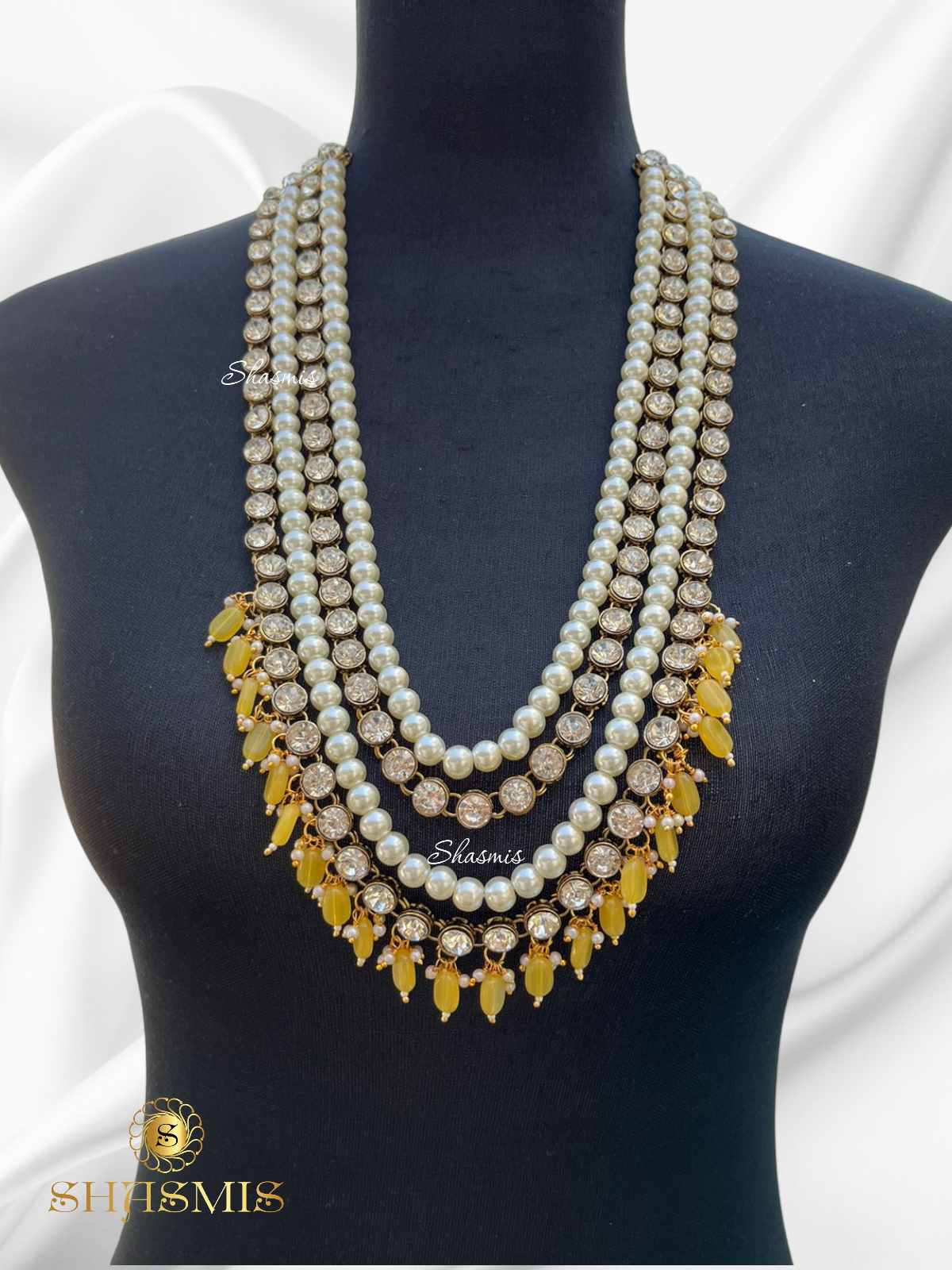 Yellow Beads Long Layer Glass Kundan Necklace