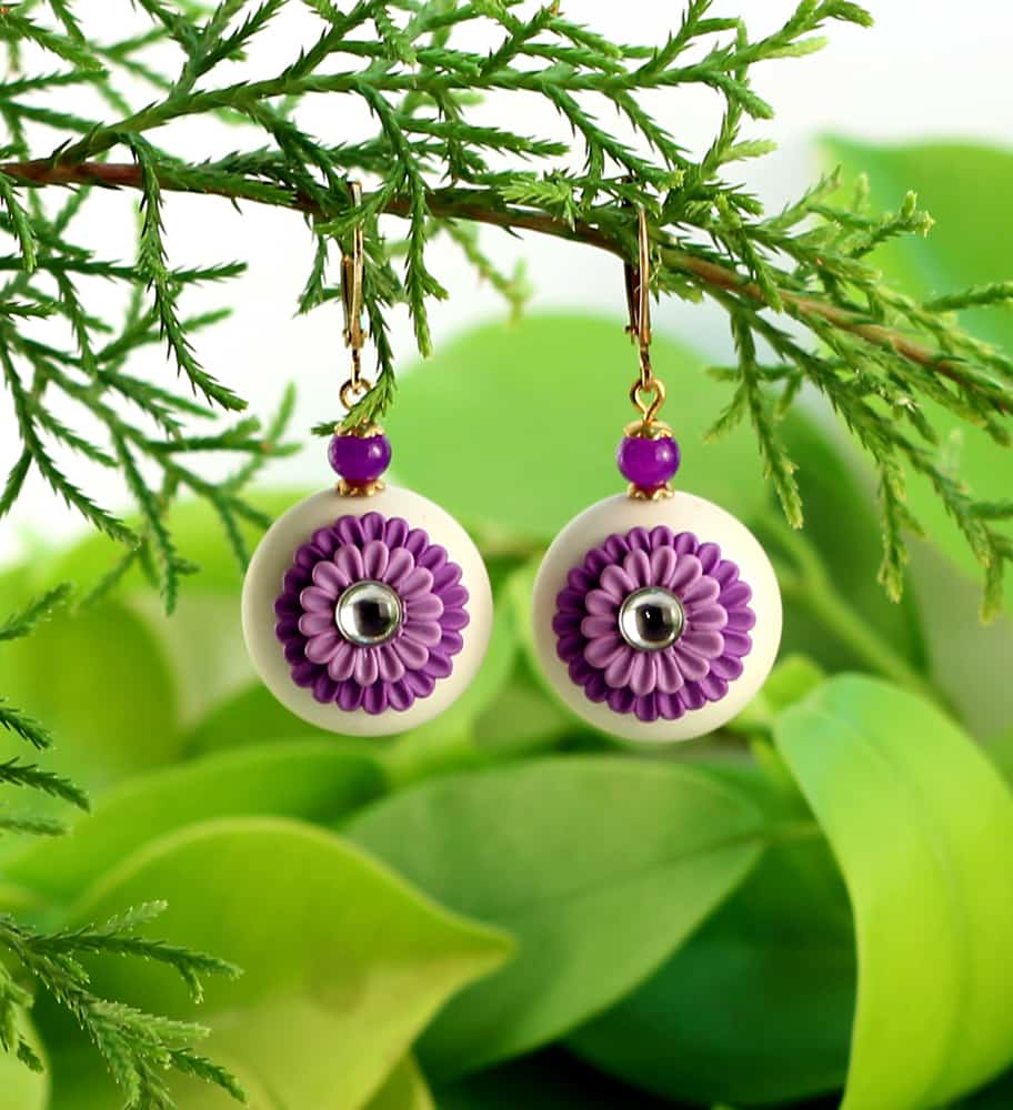 Purple Color Flower Design Polymer Clay Earrings