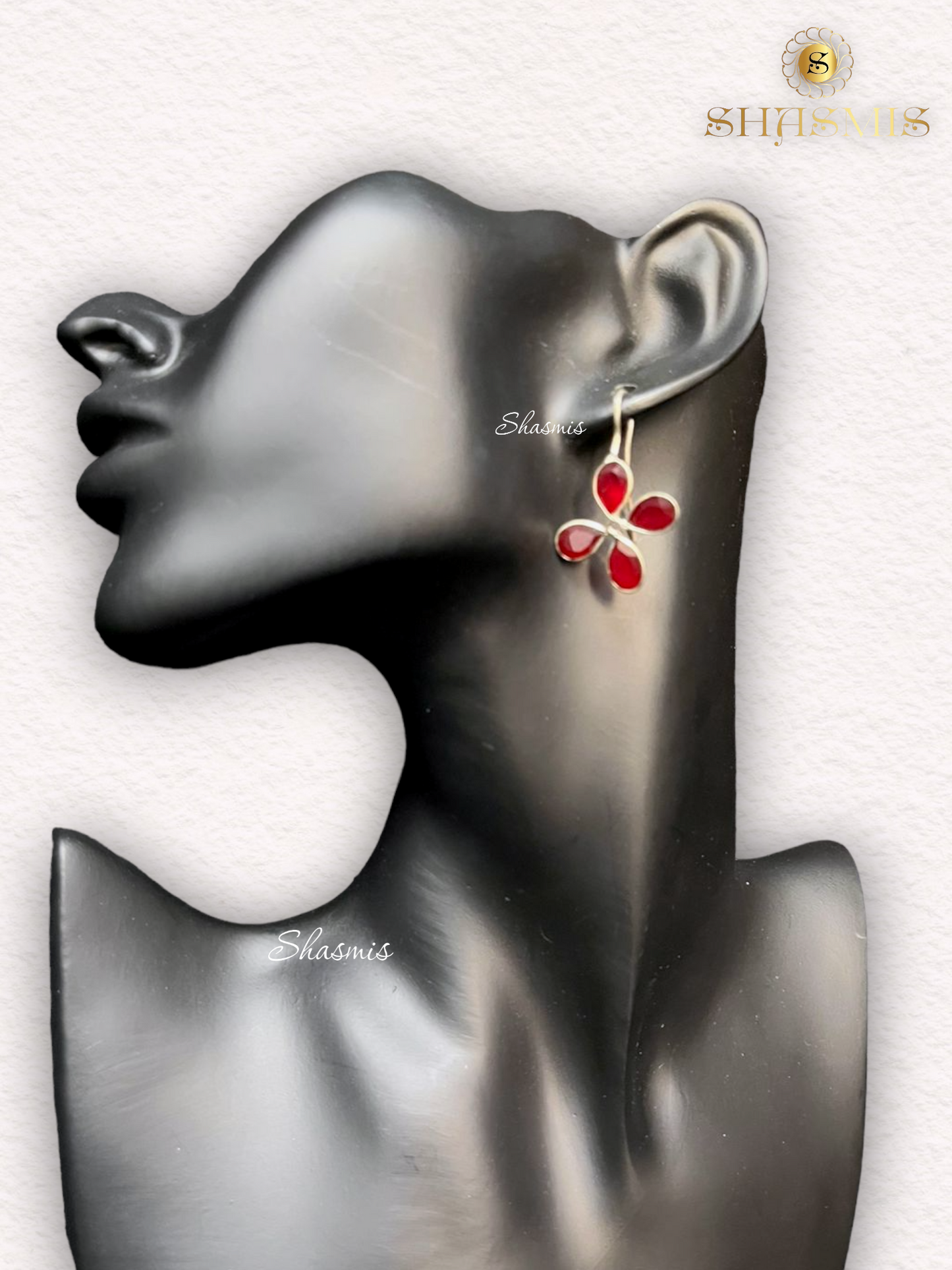 Red Color Stone Flower Design Silver Earrings