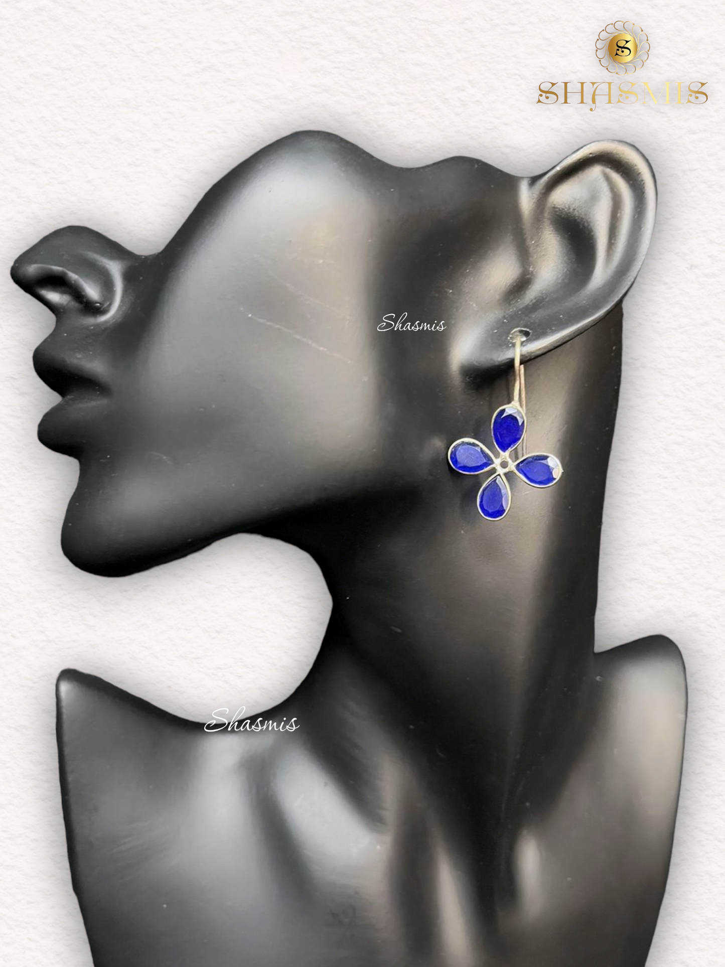 Blue Color Stone Flower Design Silver Earrings