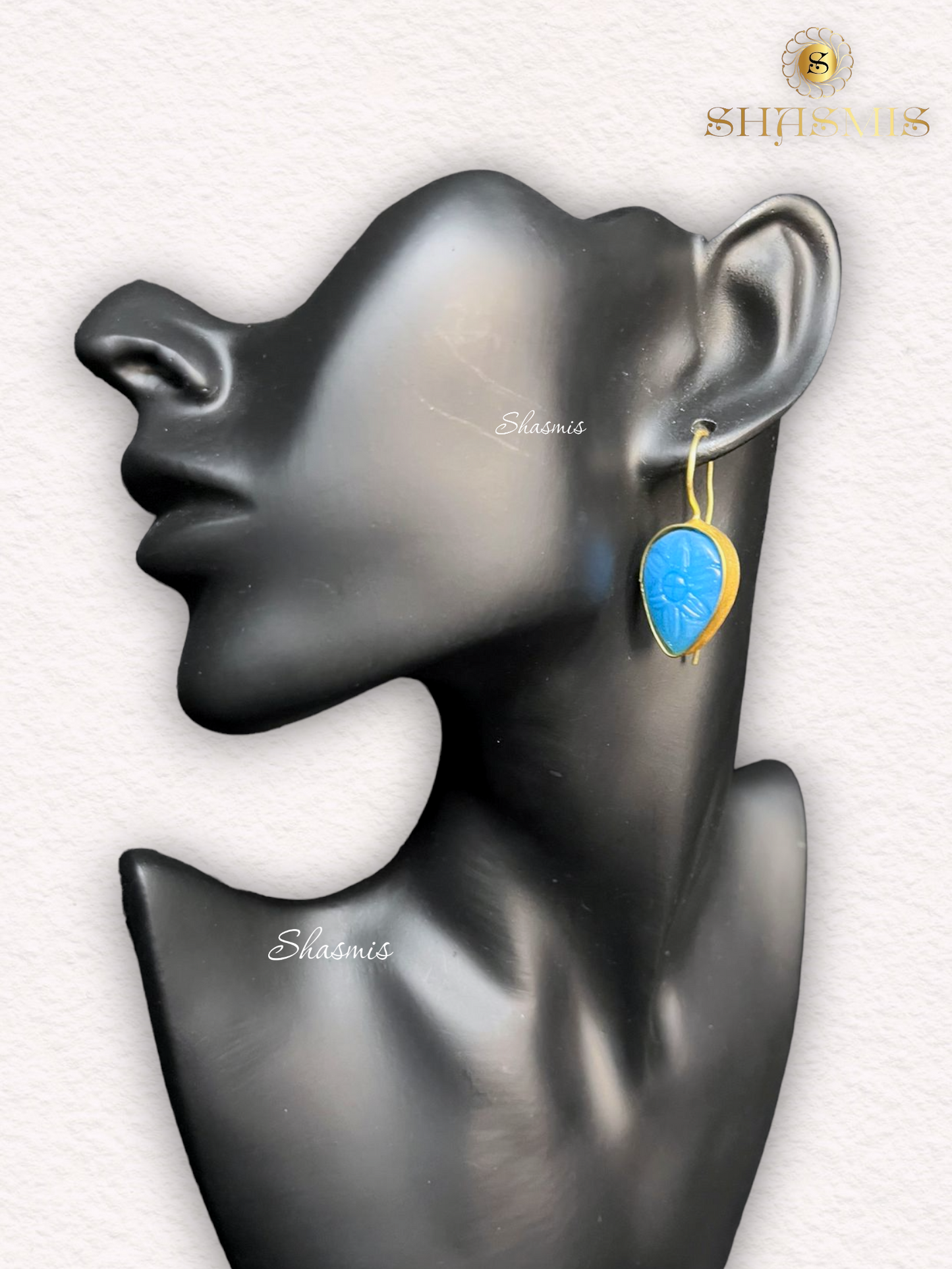 Sky Blue Color Carved Stone Earrings