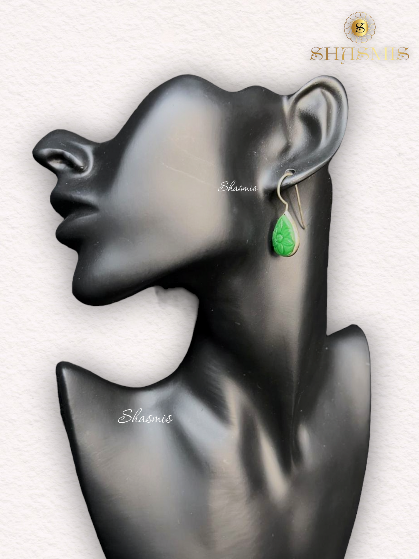 Green Carved Stone Drop Design Earrings