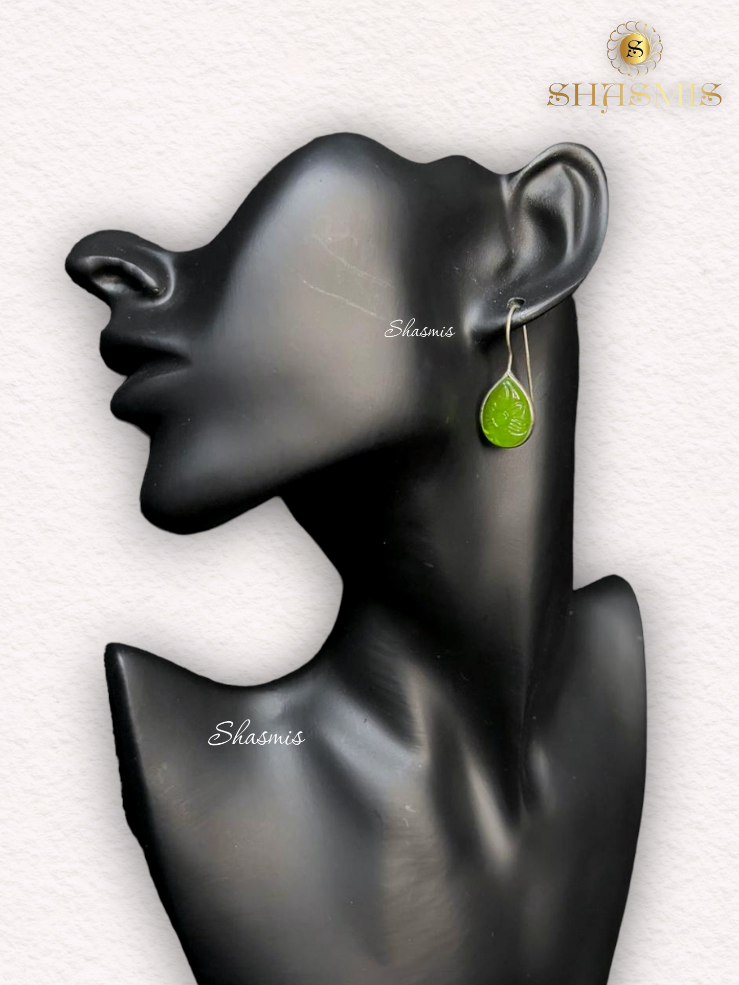 Green Carved Stone Drop Design Earrings
