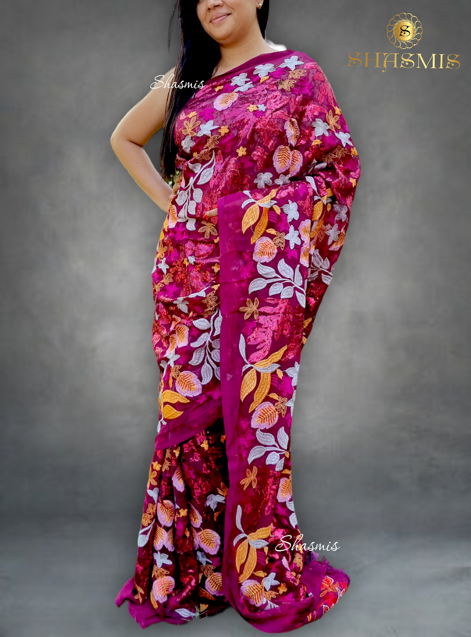 Maroon Color Heavy Embroidery Sequence Georgette Saree