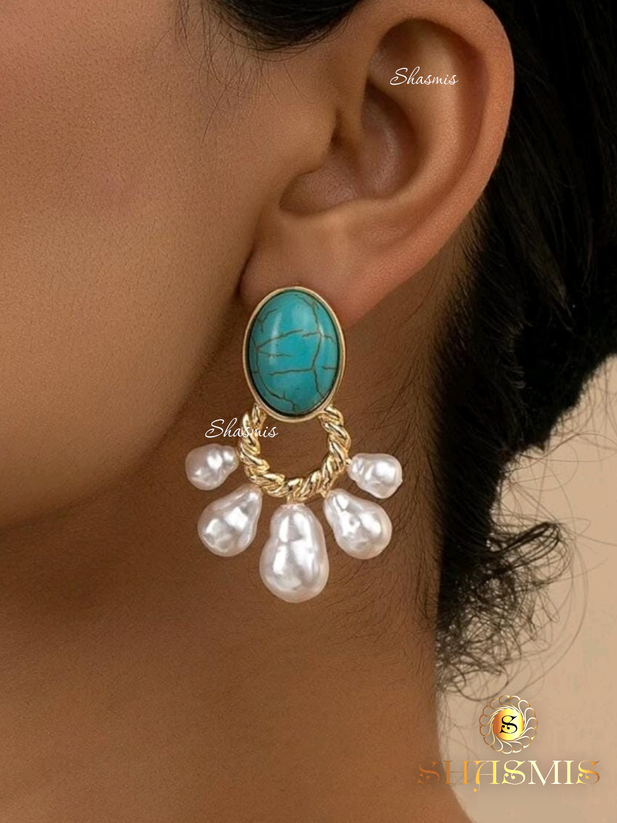 Turquoise Stone Pearl Earrings